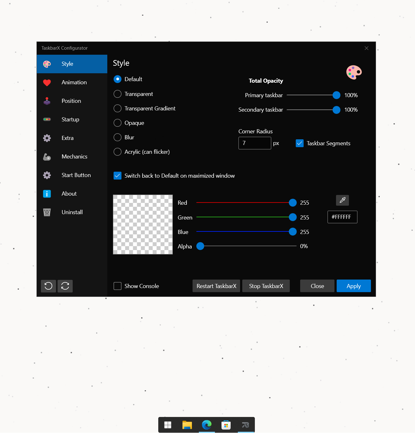 TaskbarX centered taskbar icons with segment feature